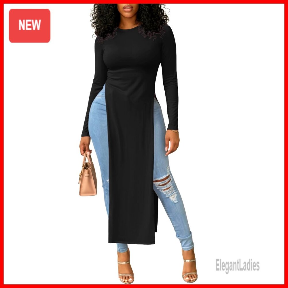 Slim Fit Long Sleeve Tunic Top With Split Hem, Crew Neck